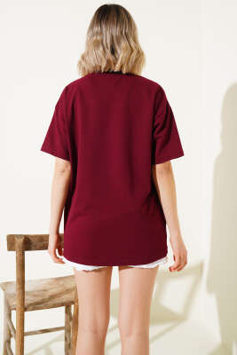 Ayıcık Nakışlı Basic T-shirt Bordo - Thumbnail