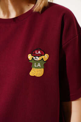 Ayıcık Nakışlı Basic T-shirt Bordo - Thumbnail