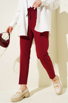 Pazarium - İp Detaylı Beli Lastikli Dar Paça Füme Bordo