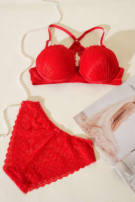 Pazarium - Sırtı Çapraz Dantelli Destekli Sütyen Takım Kırmızı