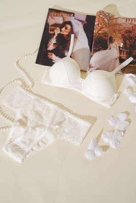 Pazarium - Lotus Destekli Jakar Sütyen Takım Ekru