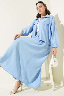 Pazarium - Fermuarlı Cep Kapaklı Etekli İkili Takım Mavi