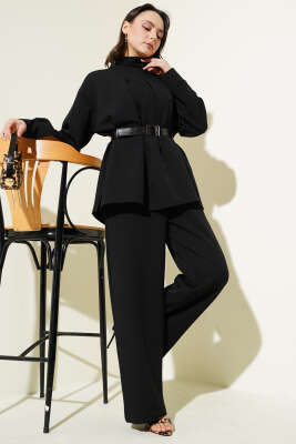 Pazarium - Pileli Kemerli Salaş İkili Takım Siyah