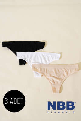 NBB Dikişsiz 3'lü String Külot Siyah Beyaz Ten - Thumbnail