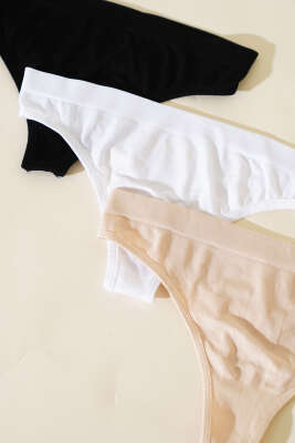 NBB Dikişsiz 3'lü String Külot Siyah Beyaz Ten - Thumbnail