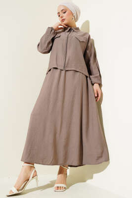 Pazarium - Fermuarlı Cep Kapaklı Etekli İkili Takım Kahve