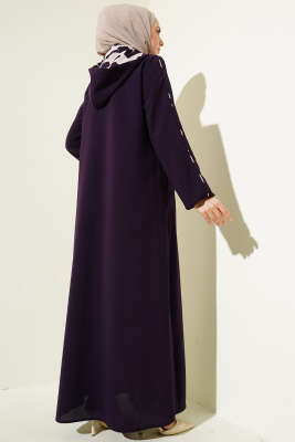 Biye Detaylı Kapüşonlu Büyük Beden Ferace Mor - Thumbnail