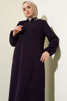 Biye Detaylı Kapüşonlu Büyük Beden Ferace Mor - Thumbnail