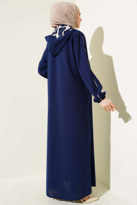 Biye Detaylı Kapüşonlu Büyük Beden Ferace Lacivert - Thumbnail