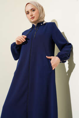 Biye Detaylı Kapüşonlu Büyük Beden Ferace Lacivert - Thumbnail