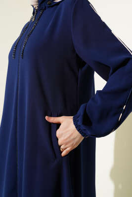 Biye Detaylı Kapüşonlu Büyük Beden Ferace Lacivert - Thumbnail