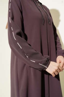 Biye Detaylı Kapüşonlu Büyük Beden Ferace Gül Kurusu - Thumbnail