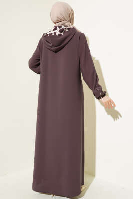 Biye Detaylı Kapüşonlu Büyük Beden Ferace Gül Kurusu - Thumbnail