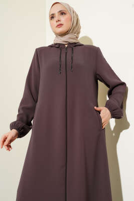 Biye Detaylı Kapüşonlu Büyük Beden Ferace Gül Kurusu - Thumbnail