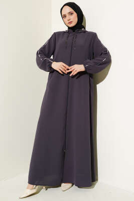 Pazarium - Biye Detaylı Kapüşonlu Büyük Beden Ferace Füme