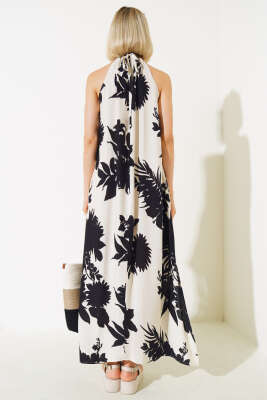 İp Askılı Desenli Kolsuz Elbise Siyah - Thumbnail