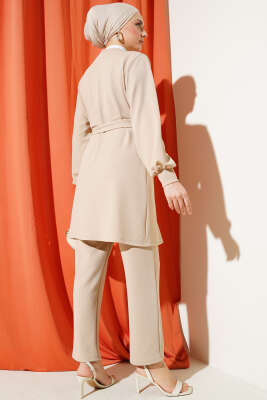 Yaka Zincir Püsküllü İkili Takım Bej - Thumbnail