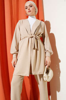 Yaka Zincir Püsküllü İkili Takım Bej - Thumbnail