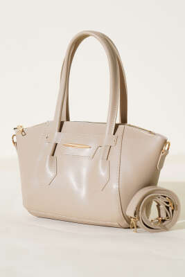 Metal Armalı Fermuarlı Çanta Bej - Thumbnail