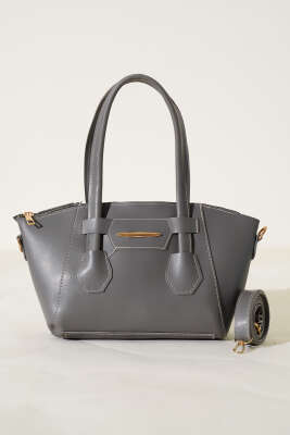 Metal Armalı Fermuarlı Çanta Gri - Thumbnail