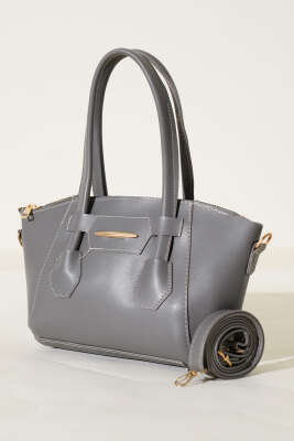 Metal Armalı Fermuarlı Çanta Gri - Thumbnail