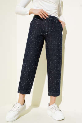 Pazarium - Kemerli Taş Süslemeli Kot Pantolon Lacivert