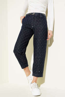 Kemerli Taş Süslemeli Kot Pantolon Lacivert - Thumbnail