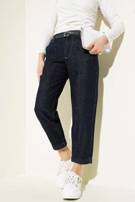 Pazarium - Kemerli Dar Paça Kot Pantolon Lacivert