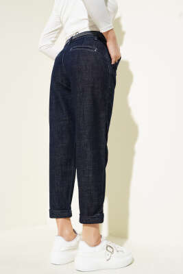 Kemerli Dar Paça Kot Pantolon Lacivert - Thumbnail