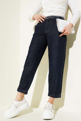 Kemerli Dar Paça Kot Pantolon Lacivert - Thumbnail