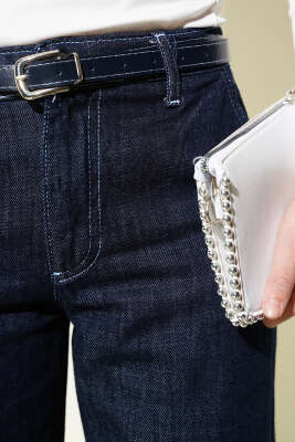 Kemerli Dar Paça Kot Pantolon Lacivert - Thumbnail