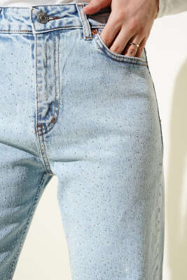 Taşlı Kesik Dar Paça Kot Pantolon Mavi - Thumbnail