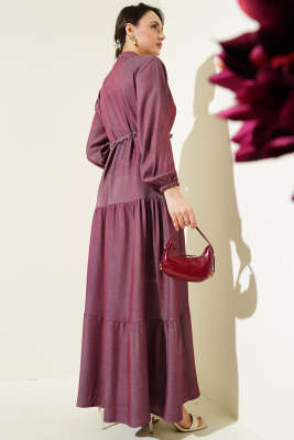 Hakim Yaka Yarım Düğmeli Elbise Mürdüm - Thumbnail