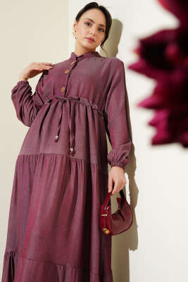 Hakim Yaka Yarım Düğmeli Elbise Mürdüm - Thumbnail