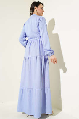 Hakim Yaka Yarım Düğmeli Elbise Mavi - Thumbnail