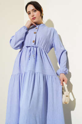 Hakim Yaka Yarım Düğmeli Elbise Mavi - Thumbnail