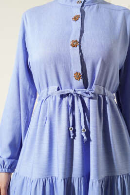 Hakim Yaka Yarım Düğmeli Elbise Mavi - Thumbnail