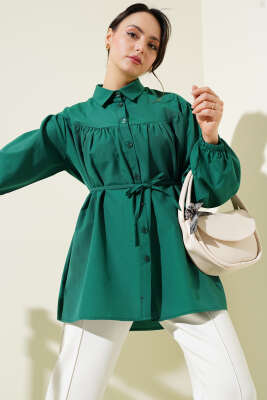 Pazarium - Göğüs Büzgülü Gömlek Zümrüt
