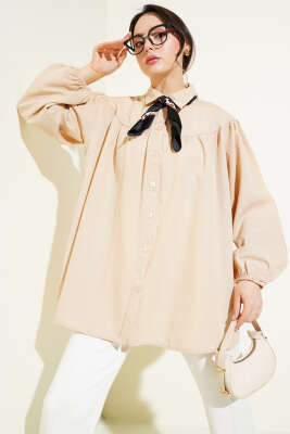 Pazarium - Göğüs Büzgülü Gömlek Bej