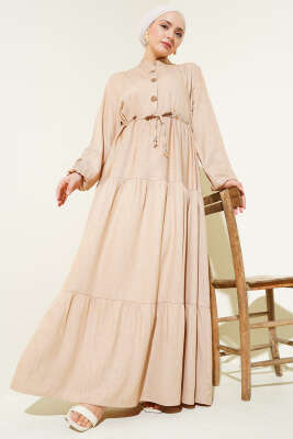 Hakim Yaka Yarım Düğmeli Elbise Latte - Thumbnail