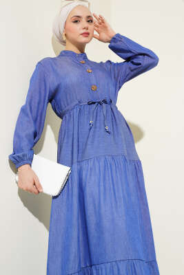 Hakim Yaka Yarım Düğmeli Elbise İndigo - Thumbnail