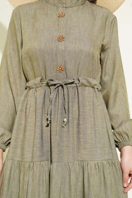 Hakim Yaka Yarım Düğmeli Elbise Haki - Thumbnail