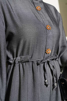 Hakim Yaka Yarım Düğmeli Elbise Füme - Thumbnail