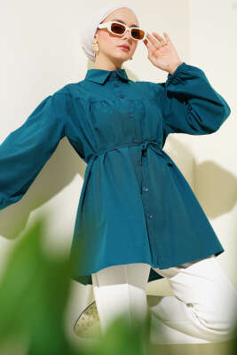 Pazarium - Göğüs Büzgülü Gömlek Petrol