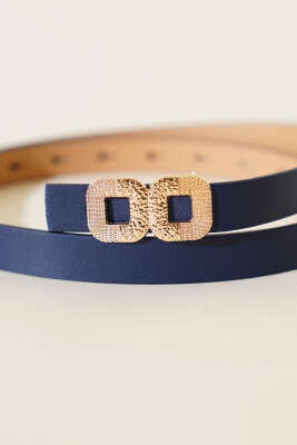 İkili Kare Tokalı İnce Kemer Lacivert - Thumbnail