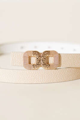 İkili Kare Tokalı İnce Kemer Bej - Thumbnail