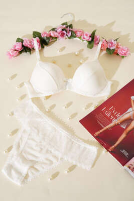 Pazarium - Lotus Desteksiz Jakar Sütyen Takım Ekru