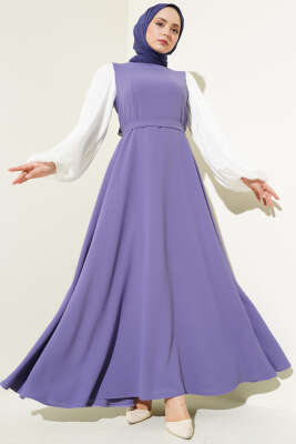 Pazarium - Jakar Balon Kol Kuşaklı Elbise Lila