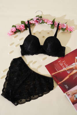 Pazarium - Dantelli Desteksiz Sütyen Takım Siyah