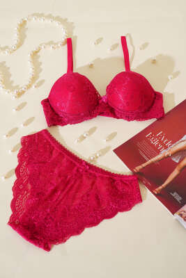 Dantelli Desteksiz Sütyen Takım Vişne - Thumbnail